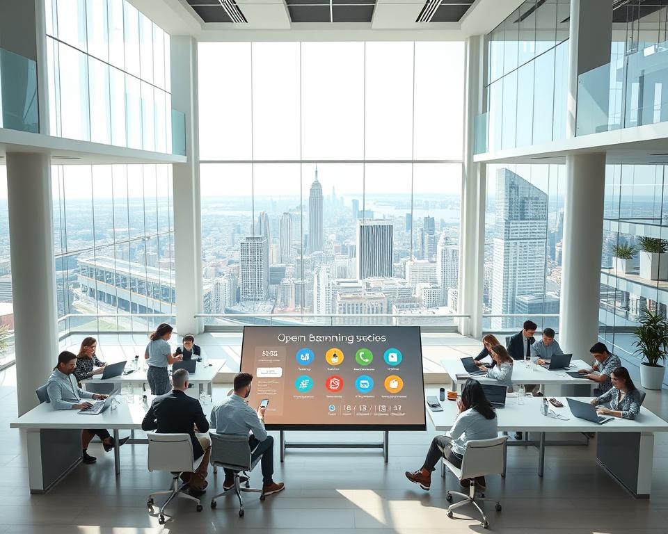 A bright, open atrium with modern architecture and abundant natural light. In the foreground, a diverse group of people - professionals, entrepreneurs, and families - are seated at sleek desks, laptops open, engaged in lively discussions. The middle ground features an interactive display showcasing financial services and open banking tools, with icons and infographics highlighting the benefits of increased access and transparency. In the background, a panoramic view of a bustling city skyline, symbolizing the global reach and interconnectedness of the open banking ecosystem. The overall mood is one of optimism, collaboration, and the empowerment of financial inclusion through innovative technology. A bright, open atrium with modern architecture and abundant natural light. In the foreground, a diverse group of people - professionals, entrepreneurs, and families - are seated at sleek desks, laptops open, engaged in lively discussions. The middle ground features an interactive display showcasing financial services and open banking tools, with icons and infographics highlighting the benefits of increased access and transparency. In the background, a panoramic view of a bustling city skyline, symbolizing the global reach and interconnectedness of the open banking ecosystem. The overall mood is one of optimism, collaboration, and the empowerment of financial inclusion through innovative technology.