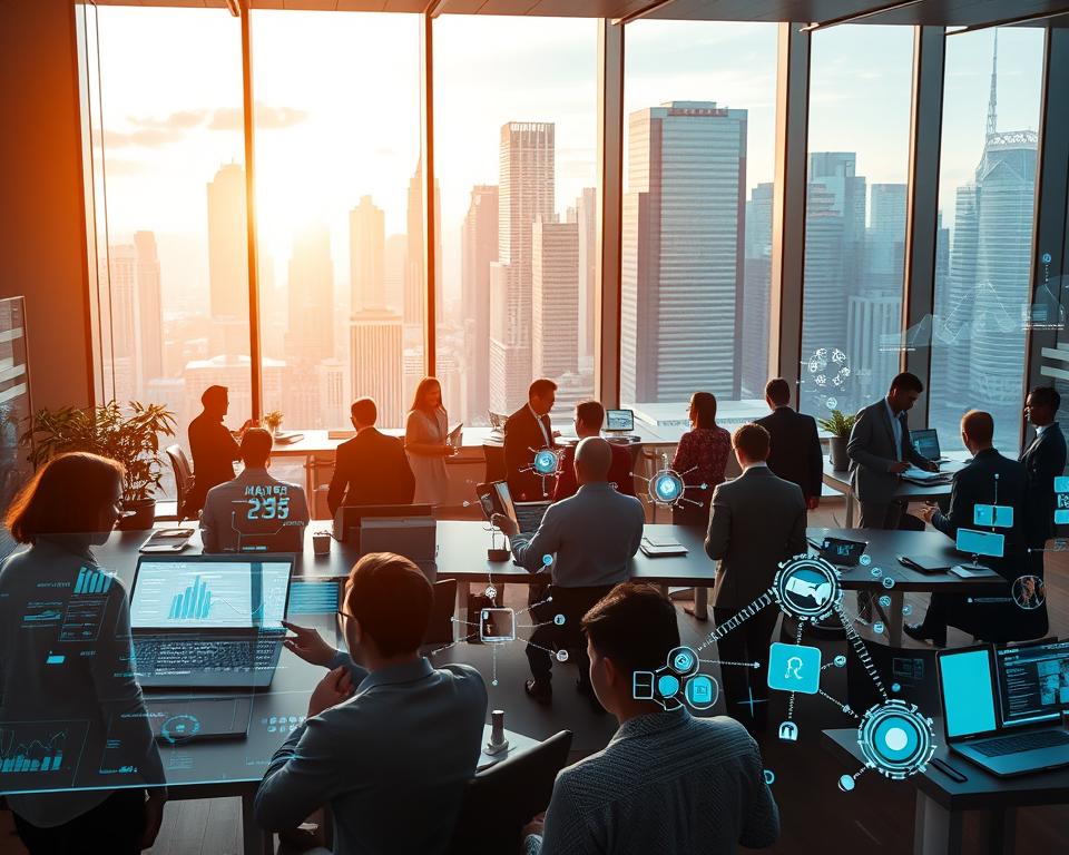 A bustling banking office, illuminated by warm, diffused lighting from large windows. In the foreground, bankers and financial analysts interact with holographic displays and augmented reality interfaces, seamlessly analyzing real-time data and making informed decisions. The middle ground showcases an array of cutting-edge AI-powered banking technologies, including intelligent chatbots, automated lending processes, and predictive fraud detection systems. In the background, a dynamic cityscape with towering skyscrapers reflects the rapid advancements transforming the banking industry through the integration of generative AI and other emerging technologies.