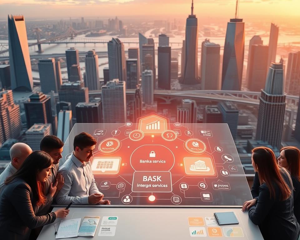 A bustling city skyline at golden hour, showcasing a modern, sleek banking headquarters. In the foreground, a group of diverse people, representing various financial institutions, huddle around a table, discussing the intricacies of a Bank-as-a-Service (BaaS) platform. The middle ground features a gleaming, futuristic interface, displaying seamless integration of banking services, with data visualizations and security protocols. In the background, a network of interconnected towers and bridges, symbolizing the interconnectedness of the financial ecosystem. Soft, warm lighting bathes the scene, conveying a sense of trust, innovation, and the power of collaborative financial solutions. A bustling city skyline at golden hour, showcasing a modern, sleek banking headquarters. In the foreground, a group of diverse people, representing various financial institutions, huddle around a table, discussing the intricacies of a Bank-as-a-Service (BaaS) platform. The middle ground features a gleaming, futuristic interface, displaying seamless integration of banking services, with data visualizations and security protocols. In the background, a network of interconnected towers and bridges, symbolizing the interconnectedness of the financial ecosystem. Soft, warm lighting bathes the scene, conveying a sense of trust, innovation, and the power of collaborative financial solutions.