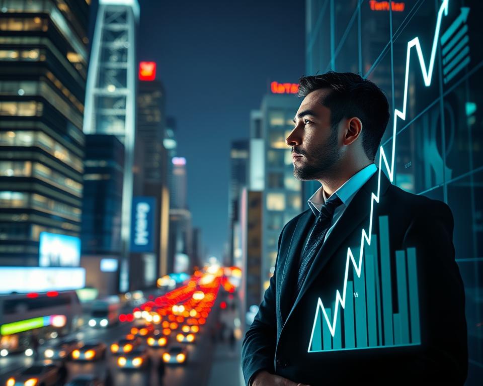 A bustling cityscape at night, with neon-lit skyscrapers casting an ethereal glow. In the foreground, a lone businessman stands contemplating a glowing graph projected onto a glass wall, his features illuminated by the data visualization. The scene evokes a sense of strategic deliberation, as the man ponders tactics to maximize profits. The background is a blur of activity, suggesting the fast-paced, high-stakes world of finance. Dramatic lighting and camera angles convey a sense of tension and focus, guiding the viewer's attention to the central figure and the data he studies.