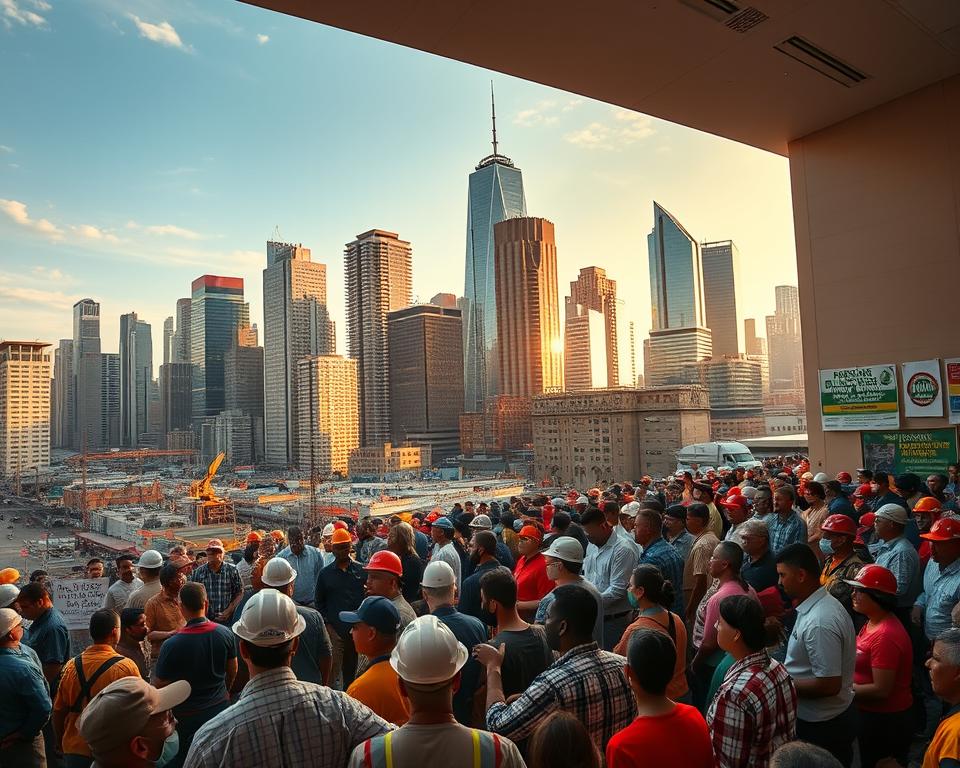 A bustling cityscape, towering skyscrapers casting long shadows in the golden hour light. In the foreground, a diverse group of workers - construction laborers, office staff, tradespeople - gathered in a lively town hall meeting, discussing regional labor policy initiatives. Posters and banners lining the walls showcase various employment programs, skills training, and worker's rights campaigns. The atmosphere is one of collaboration and community empowerment, reflecting the shared goal of strengthening the local job market and creating opportunities for all. A wide-angle lens captures the dynamic scene, highlighting the interconnectedness of the urban landscape and the people who power it. A bustling cityscape, towering skyscrapers casting long shadows in the golden hour light. In the foreground, a diverse group of workers - construction laborers, office staff, tradespeople - gathered in a lively town hall meeting, discussing regional labor policy initiatives. Posters and banners lining the walls showcase various employment programs, skills training, and worker's rights campaigns. The atmosphere is one of collaboration and community empowerment, reflecting the shared goal of strengthening the local job market and creating opportunities for all. A wide-angle lens captures the dynamic scene, highlighting the interconnectedness of the urban landscape and the people who power it.