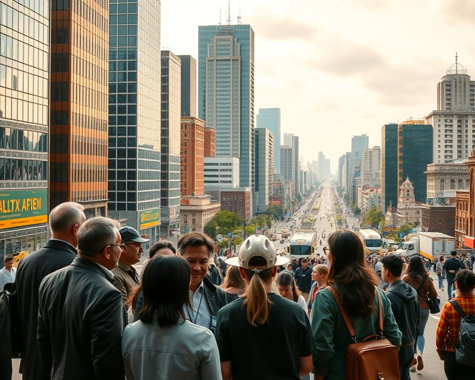 A bustling cityscape with modern skyscrapers, bustling streets, and a diverse workforce representing various stakeholders in the labor market. In the foreground, a group of professionals - policymakers, labor union representatives, employers, and workers - engaged in a lively discussion, their faces illuminated by warm, natural lighting. In the middle ground, a towering government building symbolizing the institutional framework of labor policies. In the background, a vibrant blend of residential and commercial structures, conveying the interconnectedness of the labor market ecosystem. The scene exudes a sense of collaboration, dynamism, and the collective effort to shape and implement effective labor market policies. A bustling cityscape with modern skyscrapers, bustling streets, and a diverse workforce representing various stakeholders in the labor market. In the foreground, a group of professionals - policymakers, labor union representatives, employers, and workers - engaged in a lively discussion, their faces illuminated by warm, natural lighting. In the middle ground, a towering government building symbolizing the institutional framework of labor policies. In the background, a vibrant blend of residential and commercial structures, conveying the interconnectedness of the labor market ecosystem. The scene exudes a sense of collaboration, dynamism, and the collective effort to shape and implement effective labor market policies.