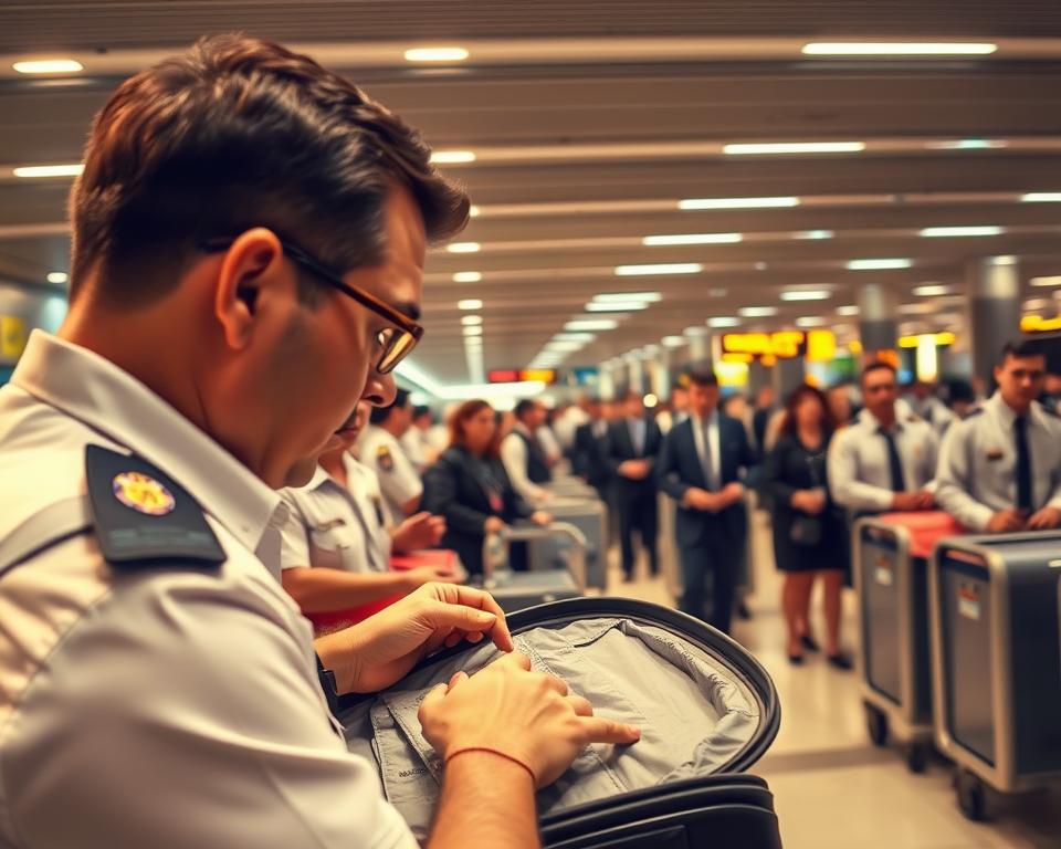 A bustling customs inspection station, bathed in the warm glow of overhead lights. In the foreground, a customs officer meticulously examines the contents of an open suitcase, their brow furrowed in concentration. In the middle ground, a line of travelers anxiously awaits their turn, their expressions a mix of anticipation and apprehension. The background is a hive of activity, with uniformed personnel and luggage carts moving with purpose through the spacious, well-lit terminal. The scene conveys the importance and complexity of the customs clearance process, with an air of efficiency and professionalism.