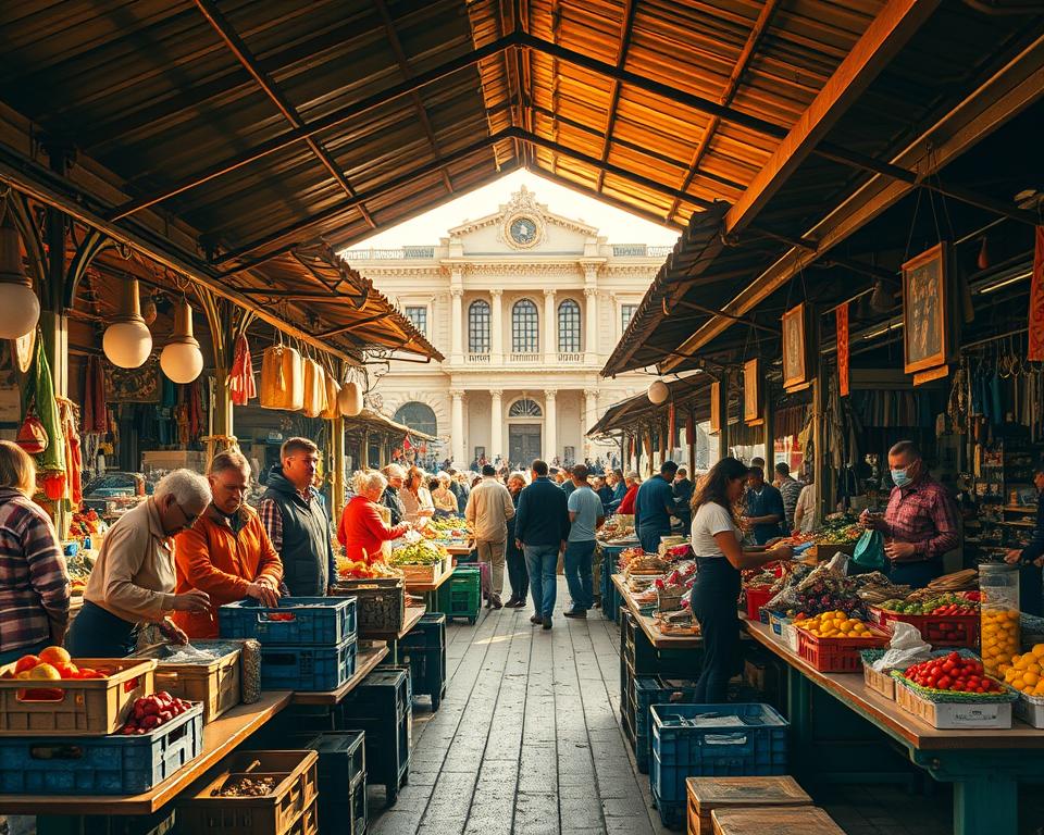 A bustling open-air market, stalls brimming with goods. Shoppers haggle with vendors under the warm, golden glow of natural sunlight filtering through an overhead canopy. Crates of fresh produce, hand-crafted wares, and specialty items line the weathered wooden tables. The scene is alive with the energy of commerce, the cacophony of voices and the rhythmic clatter of transactions. In the background, a grand central building with ornate architectural details, a symbol of economic activity and financial institutions. The overall composition conveys the dynamic nature of an open market, a hub of economic activity and exchange.