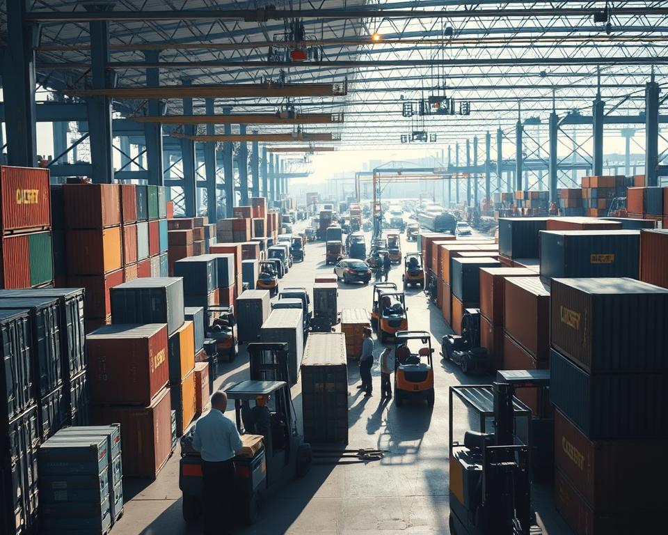 A bustling warehouse scene, with stacks of cargo containers and forklifts maneuvering through the space. Bright, diffused lighting illuminates the scene, casting long shadows and highlighting the intricate details of the machinery and infrastructure. In the foreground, a customs official examines documents, while in the middle ground, workers diligently prepare shipments for transport. The background features a network of cranes, loading docks, and transportation vehicles, conveying the complex logistics of the import-export process. The overall atmosphere is one of efficiency, organization, and the interconnectedness of global trade.