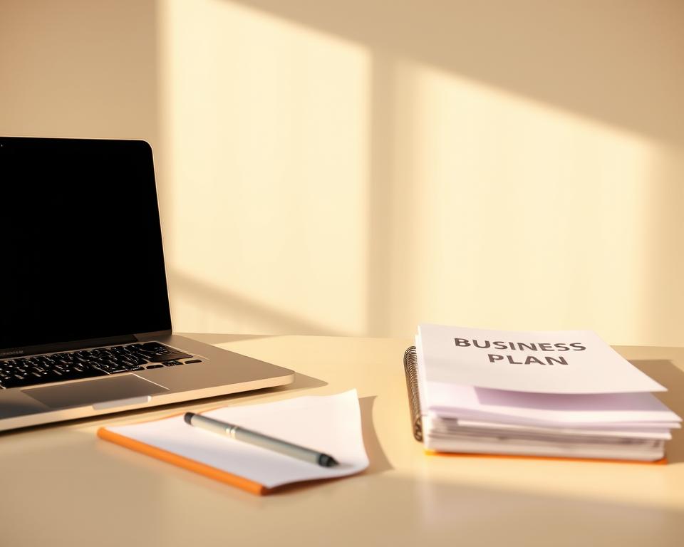 A clean, minimalist desk setup with a laptop, notepad, and a neatly organized stack of documents, all bathed in warm, directional lighting from a large window. In the background, a simple, neutral-toned wall serves as a clean backdrop, allowing the key elements of the "business plan structure" to take center stage. The composition is balanced, with a sense of order and professionalism, capturing the essence of the "Writing Your Business Plan" section of the article.