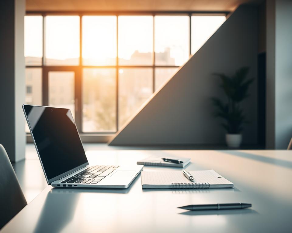 A clean, minimalist desk with a laptop, notebook, and a pen, illuminated by warm, natural lighting from a large window. In the background, a sleek, modern office interior with geometric shapes and muted colors. The desk is positioned in a way that suggests serious work and concentration on crafting a compelling business plan for a startup seeking funding. The overall atmosphere is one of focus, professionalism, and the determination to succeed. A clean, minimalist desk with a laptop, notebook, and a pen, illuminated by warm, natural lighting from a large window. In the background, a sleek, modern office interior with geometric shapes and muted colors. The desk is positioned in a way that suggests serious work and concentration on crafting a compelling business plan for a startup seeking funding. The overall atmosphere is one of focus, professionalism, and the determination to succeed.