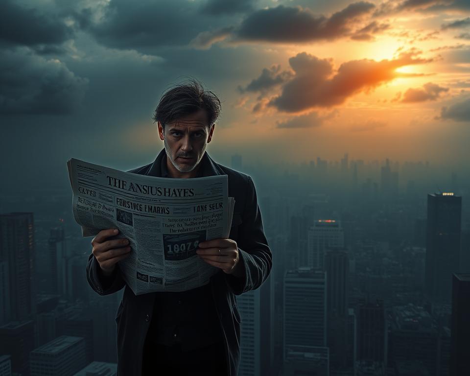A dark, brooding cityscape shrouded in a gloomy haze. In the foreground, a disheveled figure clutches a newspaper emblazoned with ominous financial headlines, their face twisted with anxiety. In the middle ground, a sea of skyscrapers cast long, ominous shadows, their windows reflecting a distorted, chaotic market. The background is dominated by a turbulent sky, heavy with storm clouds and the ominous glow of a setting sun, creating an atmosphere of unease and uncertainty. The lighting is dramatic, with deep shadows and stark contrasts, heightening the sense of dread and foreboding. The overall mood is one of fear, instability, and the weight of financial worries looming large over the urban landscape. A dark, brooding cityscape shrouded in a gloomy haze. In the foreground, a disheveled figure clutches a newspaper emblazoned with ominous financial headlines, their face twisted with anxiety. In the middle ground, a sea of skyscrapers cast long, ominous shadows, their windows reflecting a distorted, chaotic market. The background is dominated by a turbulent sky, heavy with storm clouds and the ominous glow of a setting sun, creating an atmosphere of unease and uncertainty. The lighting is dramatic, with deep shadows and stark contrasts, heightening the sense of dread and foreboding. The overall mood is one of fear, instability, and the weight of financial worries looming large over the urban landscape.
