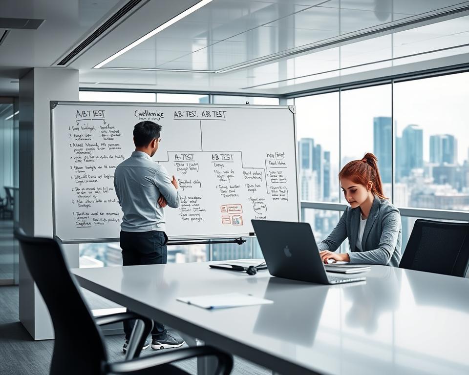 A data-driven finance office with sleek, modern decor and state-of-the-art technology. In the foreground, a whiteboard displays a branching diagram of A/B test scenarios, annotated with insights and metrics. Mid-ground, two colleagues review the test results on their laptops, deep in concentration. The background features a panoramic city skyline, conveying a sense of innovation and dynamism. Crisp, balanced lighting illuminates the scene, with a color palette of blues, grays, and whites for a professional, analytical atmosphere. The overall composition emphasizes the analytical rigor and data-driven approach to experimentation that drives growth in the finance industry.
