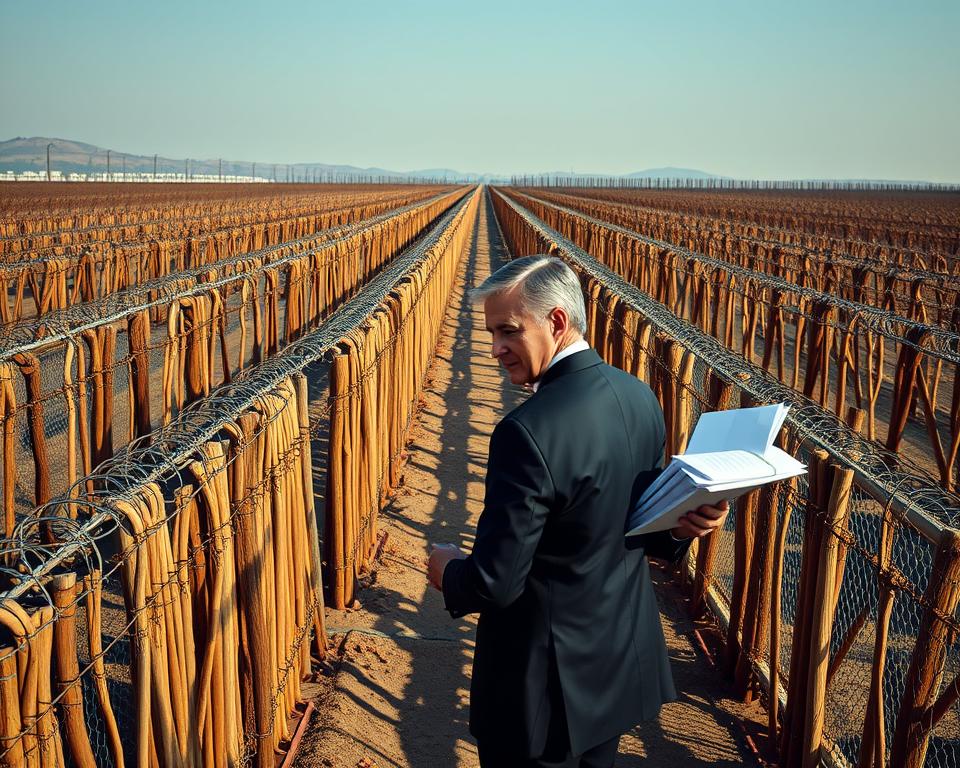 A dense thicket of wooden and steel barriers, casting long shadows across a sunlit landscape. Barbed wire and chain-link fences stretch out as far as the eye can see, creating a labyrinth of protectionist measures. In the foreground, a lone bureaucrat in a crisp suit examines a stack of official documents, the weight of trade regulations etched on their face. The background is hazy, suggesting the broader economic impacts of these restrictive policies. Dramatic lighting highlights the imposing, imposing nature of the trade barriers, conveying a sense of both strategic protection and economic isolationism.