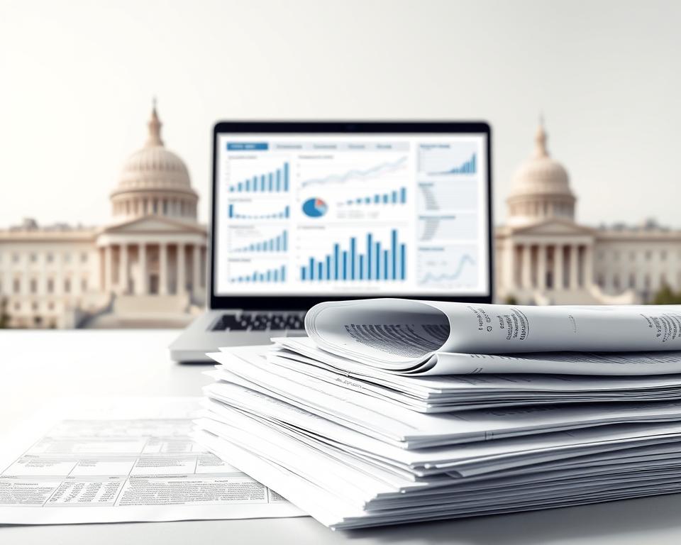 A detailed fiscal policy analysis depicted in an elegant, minimalist style. A smooth, muted color palette sets the tone. In the foreground, a stack of financial documents and reports, their pages meticulously arranged. Overhead, a directional light casts soft, directional shadows, emphasizing the structured layout. In the middle ground, a laptop screen displays complex charts and graphs, inviting the viewer to delve deeper into the data. The background is a subtle, blurred backdrop of government buildings, hinting at the policy-making environment. The overall atmosphere is one of careful, analytical contemplation, reflecting the subject's seriousness and importance.