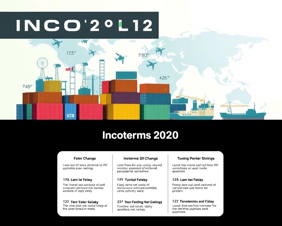 A detailed illustration of the changes introduced in Incoterms 2020, displayed against a softly lit background. In the foreground, a group of international trade icons and symbols - shipping containers, cargo ships, airplanes, and more - arranged in a dynamic, interconnected composition. The middle ground features a clear, simplified visual representation of the key Incoterms 2020 updates, using a minimal, infographic-style layout. The background depicts a subtle world map, hinting at the global context of international trade. The overall mood is informative yet visually engaging, guiding the viewer through the essential Incoterms 2020 changes.