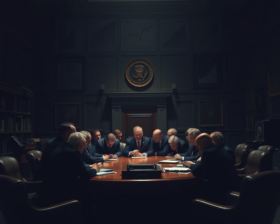 A dimly lit government office, the walls adorned with financial charts and graphs. In the center, a team of policymakers huddled around a mahogany table, brows furrowed in deep contemplation. Soft, directional lighting casts dramatic shadows, lending an air of gravity to the scene. The atmosphere is one of intense deliberation, as the group grapples with the complexities of fiscal policy during an economic downturn. The camera angle is slightly elevated, conveying the weighty importance of their decisions and their impact on the broader economy. A dimly lit government office, the walls adorned with financial charts and graphs. In the center, a team of policymakers huddled around a mahogany table, brows furrowed in deep contemplation. Soft, directional lighting casts dramatic shadows, lending an air of gravity to the scene. The atmosphere is one of intense deliberation, as the group grapples with the complexities of fiscal policy during an economic downturn. The camera angle is slightly elevated, conveying the weighty importance of their decisions and their impact on the broader economy.