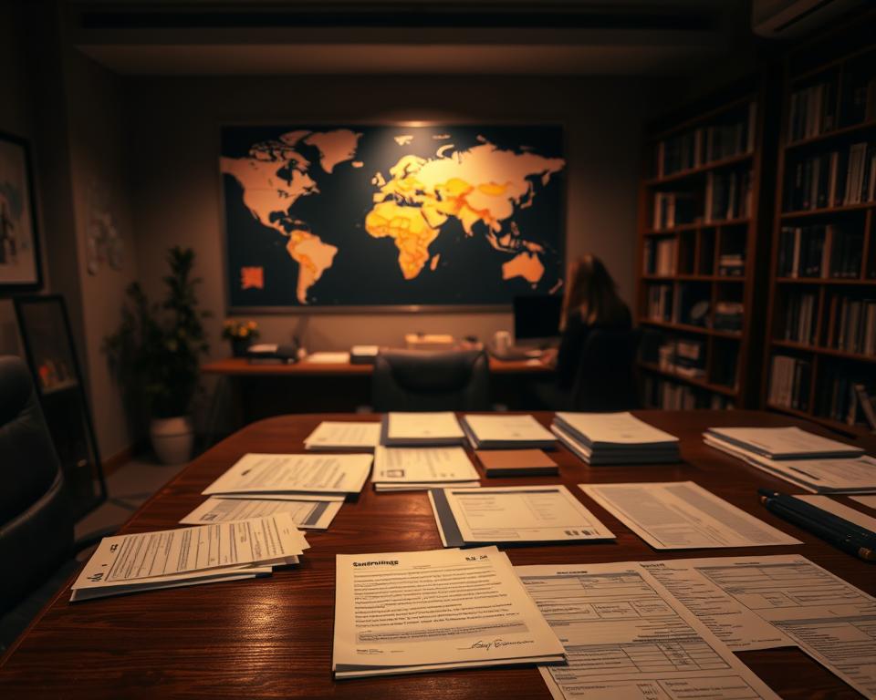 A dimly lit office space, with a large wooden desk in the foreground. On the desk, various shipping documents and forms are neatly arranged, including customs declarations, packing slips, and shipping labels. The middle ground features a world map on the wall, with various trade routes and shipping lanes highlighted. In the background, a bookshelf filled with reference materials on international trade and logistics. Soft, warm lighting creates a sense of professionalism and expertise, while the attention to detail in the shipping documents conveys the importance of adhering to cross-border shipping guidelines.