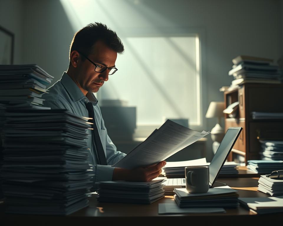A dimly lit office space, with towering stacks of paperwork and legal documents casting long shadows across the desk. In the foreground, a weary executive ponders a complex regulatory document, brow furrowed in concentration. The middle ground features a cluttered work area, with a laptop, coffee mug, and an overflowing filing cabinet, symbolizing the overwhelming burden of compliance. The background is hazy, suggesting the uncertainty and ambiguity of the regulatory landscape. Filtered light streams in through a window, casting a somber, pensive mood over the scene.