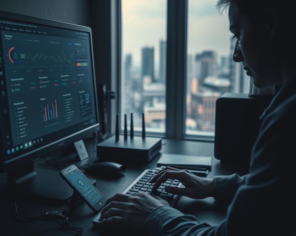 A dimly lit office workspace with a desktop computer, smartphone, and security hardware like a router and firewall devices. Soft, directional lighting casts shadows, creating a sense of focus and concentration. The desktop screen displays a cybersecurity dashboard with graphs, charts, and alert notifications. In the foreground, a person's hands type intently on the keyboard, their face obscured by the screen's glow. The middle ground features an array of password-protected documents, encryption keys, and authentication tokens. The background shows a cityscape through a window, hinting at the broader context of digital threats. The overall atmosphere conveys a heightened state of vigilance and proactive security measures. A dimly lit office workspace with a desktop computer, smartphone, and security hardware like a router and firewall devices. Soft, directional lighting casts shadows, creating a sense of focus and concentration. The desktop screen displays a cybersecurity dashboard with graphs, charts, and alert notifications. In the foreground, a person's hands type intently on the keyboard, their face obscured by the screen's glow. The middle ground features an array of password-protected documents, encryption keys, and authentication tokens. The background shows a cityscape through a window, hinting at the broader context of digital threats. The overall atmosphere conveys a heightened state of vigilance and proactive security measures.
