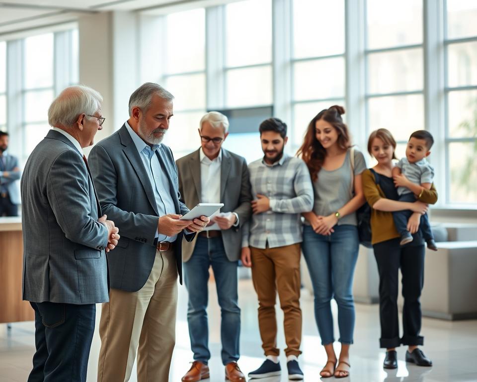 A diverse group of people from different age groups, ethnicities, and socioeconomic backgrounds stand in a modern, well-lit banking lobby. In the foreground, a young professional in business attire converses with an elderly couple. In the middle ground, a millennial couple examines a tablet, while a family with young children waits patiently. The background features sleek, minimalist decor and large windows allowing natural light to flood the space, creating a welcoming and inclusive atmosphere. The scene captures the broad spectrum of individuals that utilize the services of a neobank, reflecting the changing demographics of the modern banking landscape. A diverse group of people from different age groups, ethnicities, and socioeconomic backgrounds stand in a modern, well-lit banking lobby. In the foreground, a young professional in business attire converses with an elderly couple. In the middle ground, a millennial couple examines a tablet, while a family with young children waits patiently. The background features sleek, minimalist decor and large windows allowing natural light to flood the space, creating a welcoming and inclusive atmosphere. The scene captures the broad spectrum of individuals that utilize the services of a neobank, reflecting the changing demographics of the modern banking landscape.