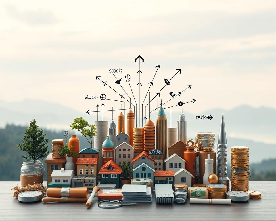 A diverse portfolio of financial assets in a carefully constructed, well-balanced arrangement. The foreground features various investment instruments such as stocks, bonds, real estate, and commodities, each represented by its corresponding icon or symbol. The middle ground showcases a network of interconnected arrows and lines, symbolizing the interdependence and risk-mitigating effect of diversification. The background depicts a serene, minimalist landscape with soft, diffused lighting, conveying a sense of stability and long-term financial security. The overall composition emphasizes the importance of diversifying one's investments to mitigate risk and optimize returns.