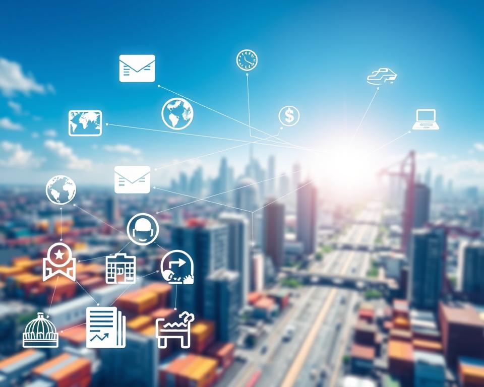 A dynamic and visually captivating illustration of supply chain finance options. In the foreground, various financial instruments are depicted with clean, minimalist icons - letters of credit, factoring, trade credit, and other tools that enable the flow of goods and capital. The middle ground showcases a complex web of interconnected supply chains, with lines and arrows representing the intricate networks of suppliers, manufacturers, and buyers. In the background, a vibrant cityscape with skyscrapers and infrastructure symbolizes the global, bustling nature of modern trade finance. The lighting is bright and airy, creating a sense of optimism and opportunity. The overall composition should convey the efficiency, reliability, and accessibility of trade finance solutions.