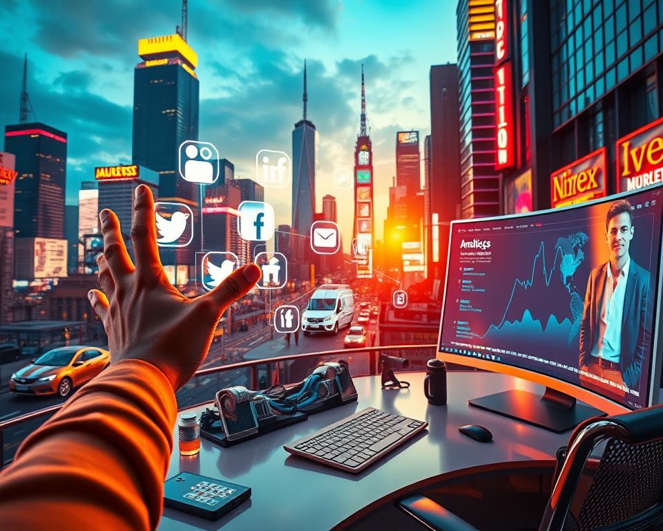 A dynamic social media marketing scene with a vibrant, retro-futuristic aesthetic. In the foreground, a person gestures energetically while manipulating holographic social media icons. The middle ground features a sleek, chrome-accented workspace with various digital devices and a large, curved monitor displaying social media analytics. In the background, a dynamic cityscape of towering skyscrapers and glowing neon signage, bathed in a warm, golden-hour lighting. The overall mood is one of innovation, connectivity, and the power of social media to drive business growth. A dynamic social media marketing scene with a vibrant, retro-futuristic aesthetic. In the foreground, a person gestures energetically while manipulating holographic social media icons. The middle ground features a sleek, chrome-accented workspace with various digital devices and a large, curved monitor displaying social media analytics. In the background, a dynamic cityscape of towering skyscrapers and glowing neon signage, bathed in a warm, golden-hour lighting. The overall mood is one of innovation, connectivity, and the power of social media to drive business growth.