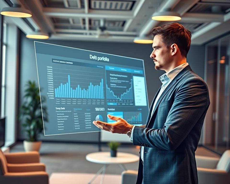 A financial advisor standing in a modern office, examining a detailed debt portfolio analysis displayed on a large holographic screen. The background features sleek office furniture, clean lines, and muted colors, conveying a sense of professionalism and efficiency. Warm lighting from overhead fixtures casts a soft glow, accentuating the advisor's focused expression as they navigate complex financial data, seeking to optimize the debt management strategy. The scene captures the essence of using advanced tools and techniques to streamline government debt management. A financial advisor standing in a modern office, examining a detailed debt portfolio analysis displayed on a large holographic screen. The background features sleek office furniture, clean lines, and muted colors, conveying a sense of professionalism and efficiency. Warm lighting from overhead fixtures casts a soft glow, accentuating the advisor's focused expression as they navigate complex financial data, seeking to optimize the debt management strategy. The scene captures the essence of using advanced tools and techniques to streamline government debt management.