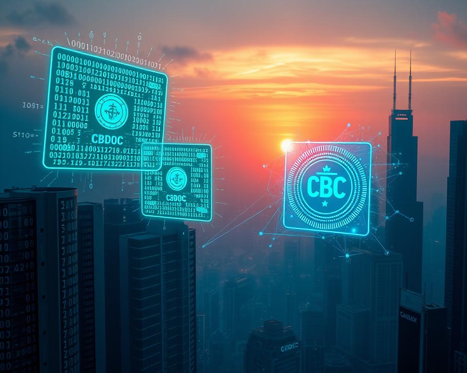 A futuristic cityscape, with towering skyscrapers and a hazy, ethereal atmosphere. In the foreground, a trio of digital ledgers float in mid-air, their blockchain-inspired patterns glowing with an intense, cyan luminescence. The ledgers are surrounded by a swirling vortex of binary code and encrypted data streams, representing the secure, decentralized nature of blockchain technology. In the middle ground, a holographic projection of a Central Bank Digital Currency (CBDC) emblem hovers, its intricate design mirroring the blockchain patterns. The background is a panoramic view of the city, with the skyline illuminated by a vibrant, neon-tinged sunset, conveying a sense of technological advancement and innovation. A futuristic cityscape, with towering skyscrapers and a hazy, ethereal atmosphere. In the foreground, a trio of digital ledgers float in mid-air, their blockchain-inspired patterns glowing with an intense, cyan luminescence. The ledgers are surrounded by a swirling vortex of binary code and encrypted data streams, representing the secure, decentralized nature of blockchain technology. In the middle ground, a holographic projection of a Central Bank Digital Currency (CBDC) emblem hovers, its intricate design mirroring the blockchain patterns. The background is a panoramic view of the city, with the skyline illuminated by a vibrant, neon-tinged sunset, conveying a sense of technological advancement and innovation.