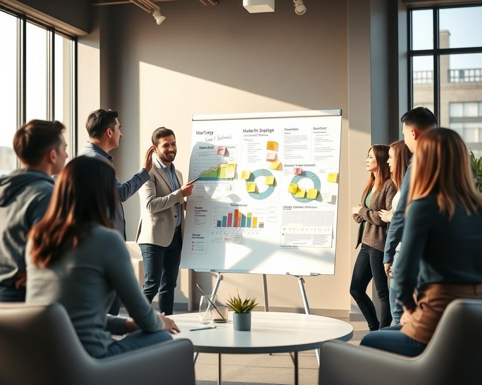 A high-energy business strategy meeting in a modern office, with a team of marketers gathered around a large whiteboard covered in colorful diagrams, charts, and sticky notes. The room is bathed in warm, natural lighting from large windows, casting a productive and collaborative atmosphere. In the foreground, a confident team leader gestures towards the board, presenting their marketing plan to the group. The background features minimal, sleek furniture and decor, allowing the strategic discussion to take center stage.