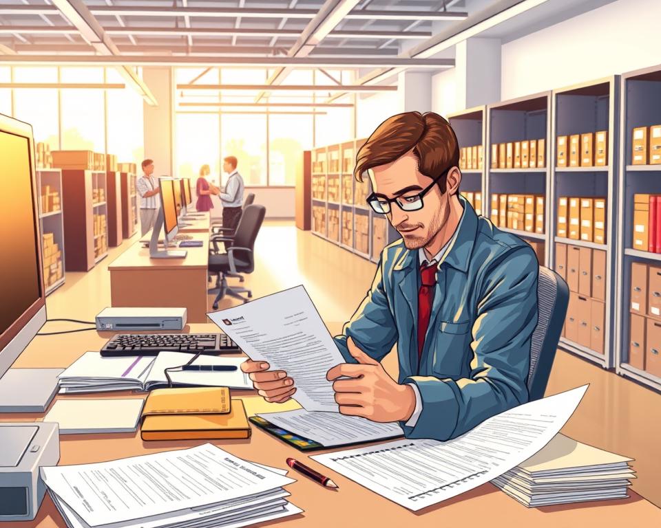 A high-resolution, detailed illustration of the bill of lading issuance process. Set in a modern office environment, the foreground depicts an employee carefully filling out a physical bill of lading form, with various shipping documents and a computer terminal visible on the desk. The middle ground shows other office workers collaborating, while the background reveals rows of filing cabinets and shelves, conveying the administrative nature of the task. Bright, natural lighting from large windows casts a warm, productive atmosphere. The composition emphasizes the careful, step-by-step workflow involved in properly issuing this critical shipping document.