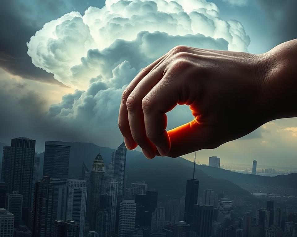 A looming cloud of financial turmoil, cast against a backdrop of a city skyline in disarray. In the foreground, a colossal hand, symbolizing the outsized influence of central bank decisions, crushes the fragile structures below. Harsh, dramatic lighting illuminates the scene, conveying a sense of impending doom and the perils of unchecked monetary policy. The image should evoke a sense of unease, with a cinematic, almost dystopian aesthetic, underscoring the "Dangers of Central Bank Overreach" and the far-reaching impact of their actions. A looming cloud of financial turmoil, cast against a backdrop of a city skyline in disarray. In the foreground, a colossal hand, symbolizing the outsized influence of central bank decisions, crushes the fragile structures below. Harsh, dramatic lighting illuminates the scene, conveying a sense of impending doom and the perils of unchecked monetary policy. The image should evoke a sense of unease, with a cinematic, almost dystopian aesthetic, underscoring the "Dangers of Central Bank Overreach" and the far-reaching impact of their actions.