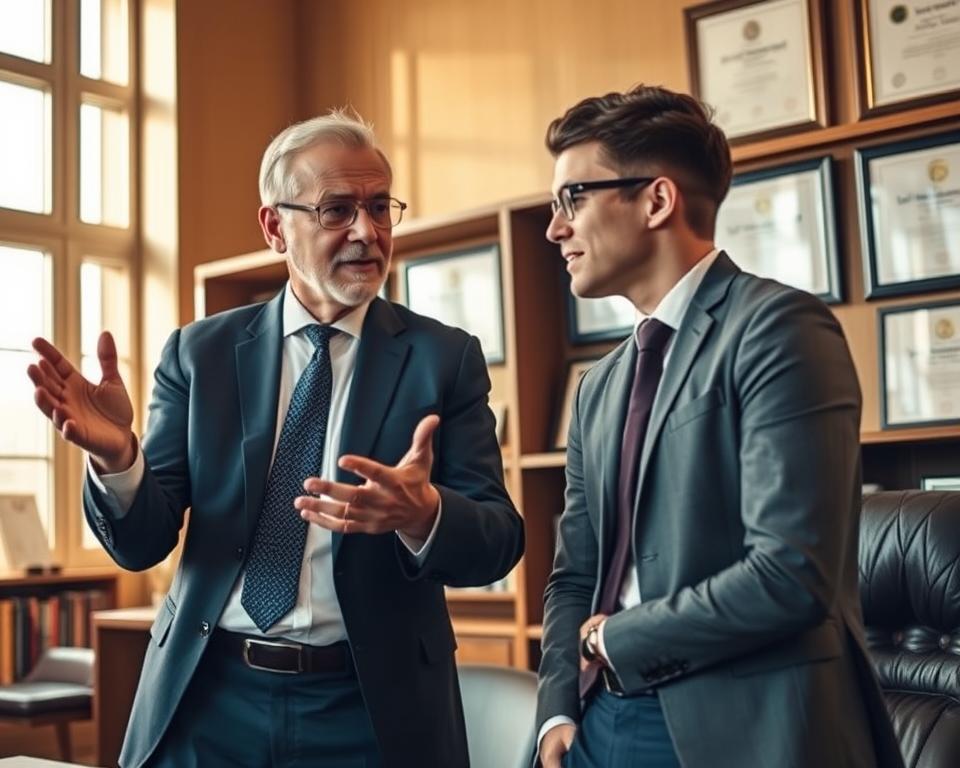 A mentorship scene - a seasoned business leader guiding a young professional in a well-appointed office. Warm, natural lighting filters through large windows, casting a soft glow. The mentor gestures animatedly, exuding confidence and wisdom, while the mentee listens intently, leaning forward with a thoughtful expression. Bookshelves and framed certificates line the walls, suggesting a rich history of leadership development. The scene conveys a sense of trust, growth, and the passing of knowledge from experienced to aspiring leaders. A mentorship scene - a seasoned business leader guiding a young professional in a well-appointed office. Warm, natural lighting filters through large windows, casting a soft glow. The mentor gestures animatedly, exuding confidence and wisdom, while the mentee listens intently, leaning forward with a thoughtful expression. Bookshelves and framed certificates line the walls, suggesting a rich history of leadership development. The scene conveys a sense of trust, growth, and the passing of knowledge from experienced to aspiring leaders.