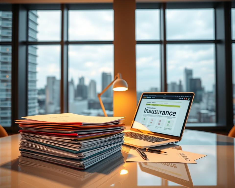A meticulously detailed, wide-angle view of a variety of insurance policy documents, showcased on a sleek, glass-topped table. The lighting is warm and inviting, casting a gentle glow on the scene. In the foreground, a stack of colorful folders representing different insurance types, such as life, health, and auto. In the middle ground, an open laptop displaying an insurance comparison website, surrounded by a few stylish pens and a modern desk lamp. In the background, a wall of floor-to-ceiling windows offers a picturesque cityscape, conveying a sense of professionalism and financial security. The overall mood is one of informed decision-making, financial responsibility, and the importance of carefully navigating insurance options. A meticulously detailed, wide-angle view of a variety of insurance policy documents, showcased on a sleek, glass-topped table. The lighting is warm and inviting, casting a gentle glow on the scene. In the foreground, a stack of colorful folders representing different insurance types, such as life, health, and auto. In the middle ground, an open laptop displaying an insurance comparison website, surrounded by a few stylish pens and a modern desk lamp. In the background, a wall of floor-to-ceiling windows offers a picturesque cityscape, conveying a sense of professionalism and financial security. The overall mood is one of informed decision-making, financial responsibility, and the importance of carefully navigating insurance options.