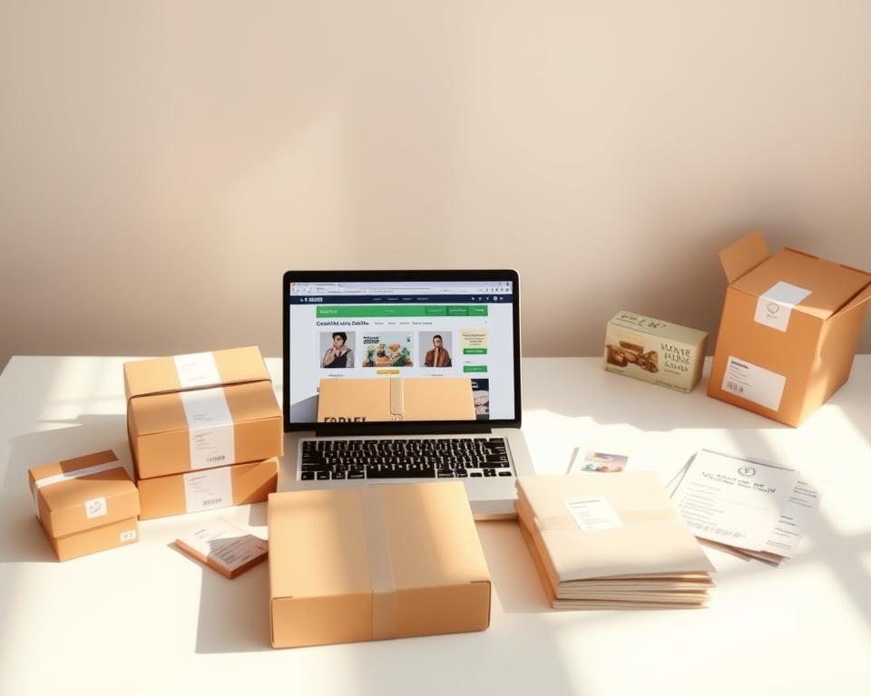 A minimalist e-commerce workspace with a laptop, product samples, and shipping supplies. Warm, natural lighting illuminates the scene, creating a serene and professional atmosphere. The laptop displays an online store interface, hinting at the digital nature of the dropshipping business model. Carefully arranged product boxes, shipping labels, and packing materials suggest the logistical aspects of fulfilling orders. The background is clean and uncluttered, allowing the core elements of the dropshipping workflow to take center stage.