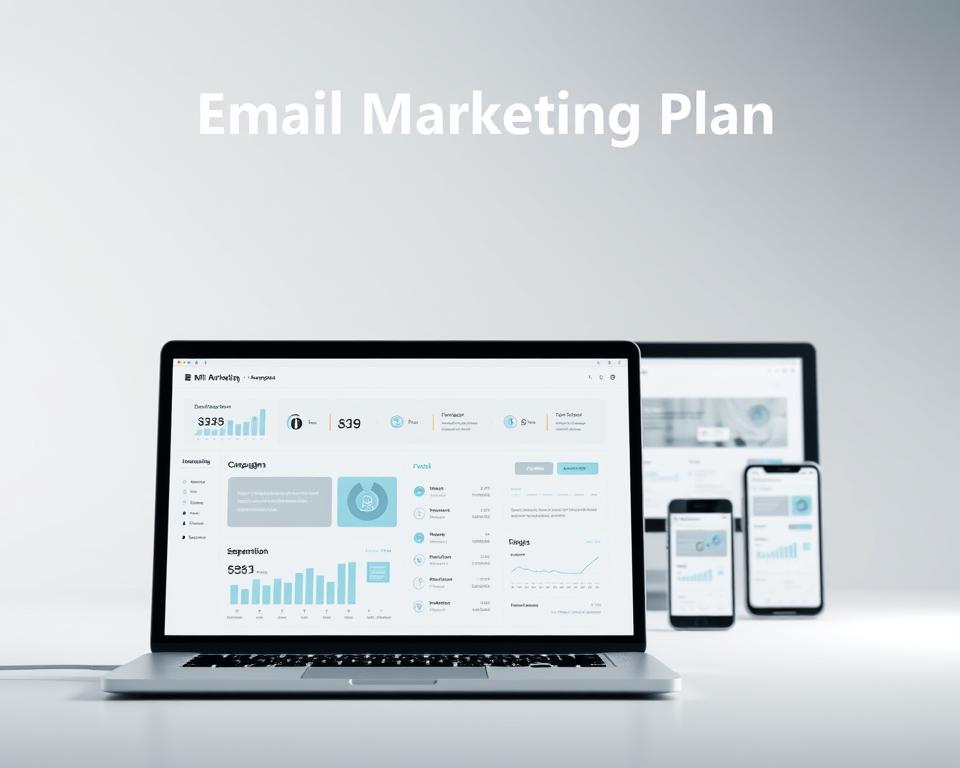 A minimalist, high-key digital illustration showcasing an "Email Marketing Plan". In the foreground, a laptop screen displays a clean, organized email marketing dashboard with metrics, campaign analytics, and segmentation tools. The middle ground features a variety of digital devices - smartphone, tablet, and desktop computer - all synchronized and displaying email campaign data. The background is a serene, soft-focused gradient, conveying a sense of efficiency, productivity, and modern digital marketing. The lighting is bright and even, with a subtle glow emanating from the digital screens. The overall mood is professional, data-driven, and focused on email marketing best practices. A minimalist, high-key digital illustration showcasing an "Email Marketing Plan". In the foreground, a laptop screen displays a clean, organized email marketing dashboard with metrics, campaign analytics, and segmentation tools. The middle ground features a variety of digital devices - smartphone, tablet, and desktop computer - all synchronized and displaying email campaign data. The background is a serene, soft-focused gradient, conveying a sense of efficiency, productivity, and modern digital marketing. The lighting is bright and even, with a subtle glow emanating from the digital screens. The overall mood is professional, data-driven, and focused on email marketing best practices.