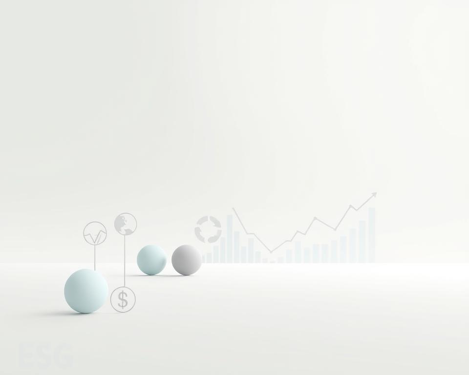 A minimalist illustration of various ESG investment strategies. In the foreground, a clean, modern composition featuring geometric shapes and icons representing different ESG pillars - environment, social, and governance. The middle ground showcases simplified financial charts and graphs, hinting at the data-driven nature of ESG investing. The background is a soft, muted gradient, providing a serene, contemplative atmosphere. Bright, diffused lighting creates a sense of clarity and focus, emphasizing the thoughtful, responsible approach to sustainable finance. Rendered in a cool, neutral color palette to convey a sense of professionalism and sophistication.