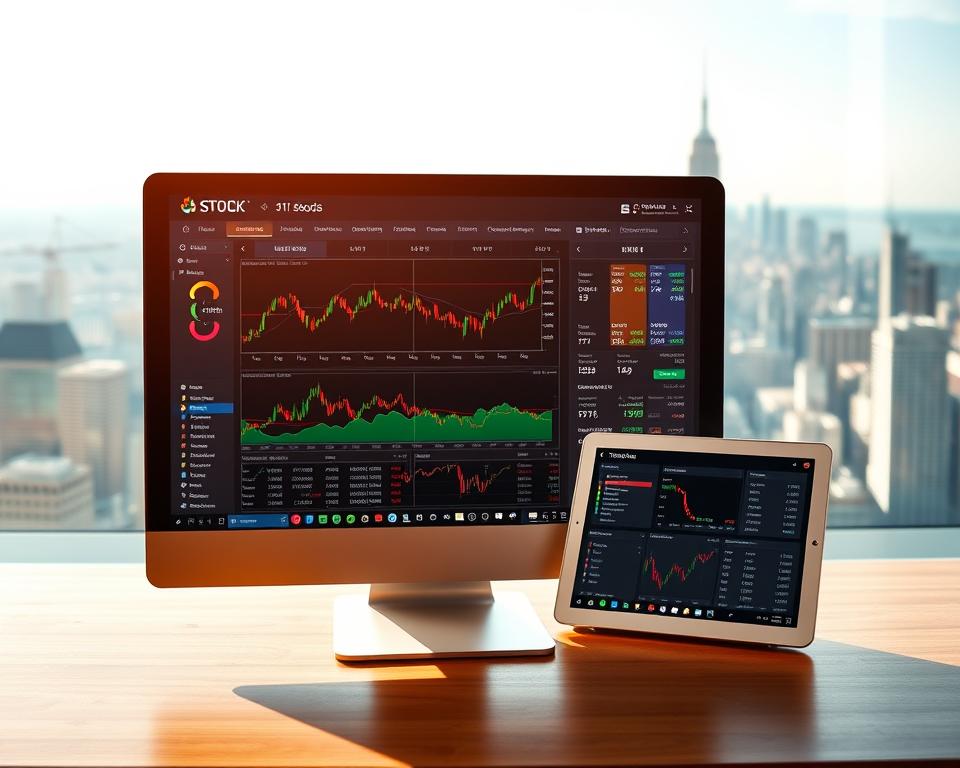 A modern and intuitive stock trading platform, with a clean and minimalist user interface. The foreground features a sleek desktop computer screen displaying real-time stock data, charts, and trading tools. In the middle ground, a tablet device shows additional market analysis and portfolio management options. The background showcases a panoramic cityscape, symbolizing the global reach and interconnectedness of the financial markets. Warm, natural lighting illuminates the scene, creating a sense of professionalism and efficiency. The overall composition conveys a seamless, technology-driven approach to stock trading for the modern investor.