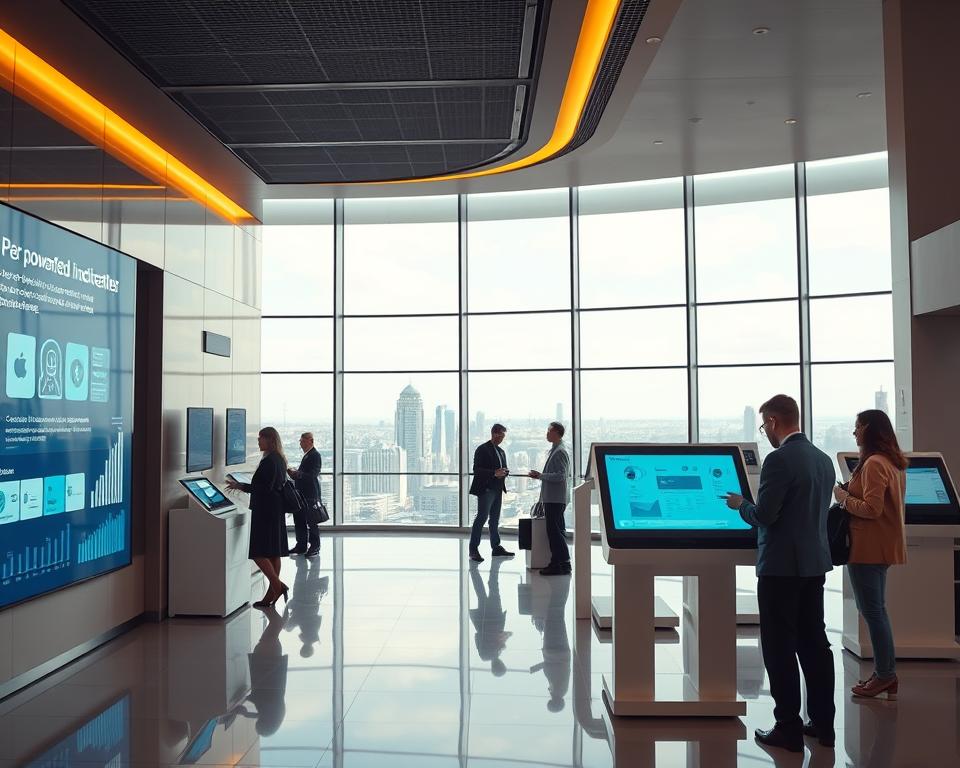 A modern banking lobby filled with sleek digital displays and interactive kiosks. In the foreground, a customer engages with a personalized AI-powered interface, their financial data seamlessly integrated and presented in a clean, intuitive layout. The middle ground features bank employees using advanced analytics to customize offerings, while the background depicts a panoramic cityscape visible through expansive windows, signifying the bank's integration with the broader digital landscape. The lighting is warm and inviting, creating a sense of trust and innovation. The overall atmosphere conveys the future of hyper-personalized banking, where technology and human-centric design converge to deliver a transformative customer experience.