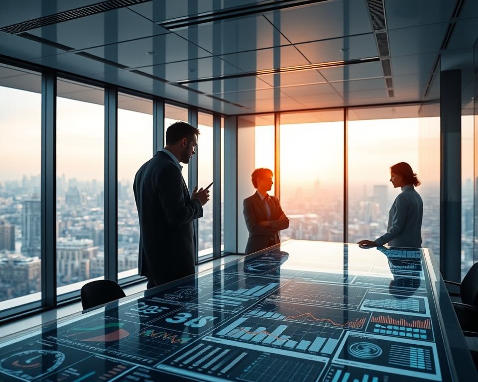 A modern banking office with sleek glass walls and clean lines. In the foreground, a data visualization dashboard displays intricate graphs and charts, showcasing the power of deep learning algorithms to analyze financial data. In the middle ground, a team of bankers collaborates around a large touchscreen table, discussing insights and strategizing. The background features a stunning cityscape visible through the panoramic windows, bathed in the soft glow of golden-hour lighting. The atmosphere is one of productivity, innovation, and the seamless integration of cutting-edge technology into the banking industry.