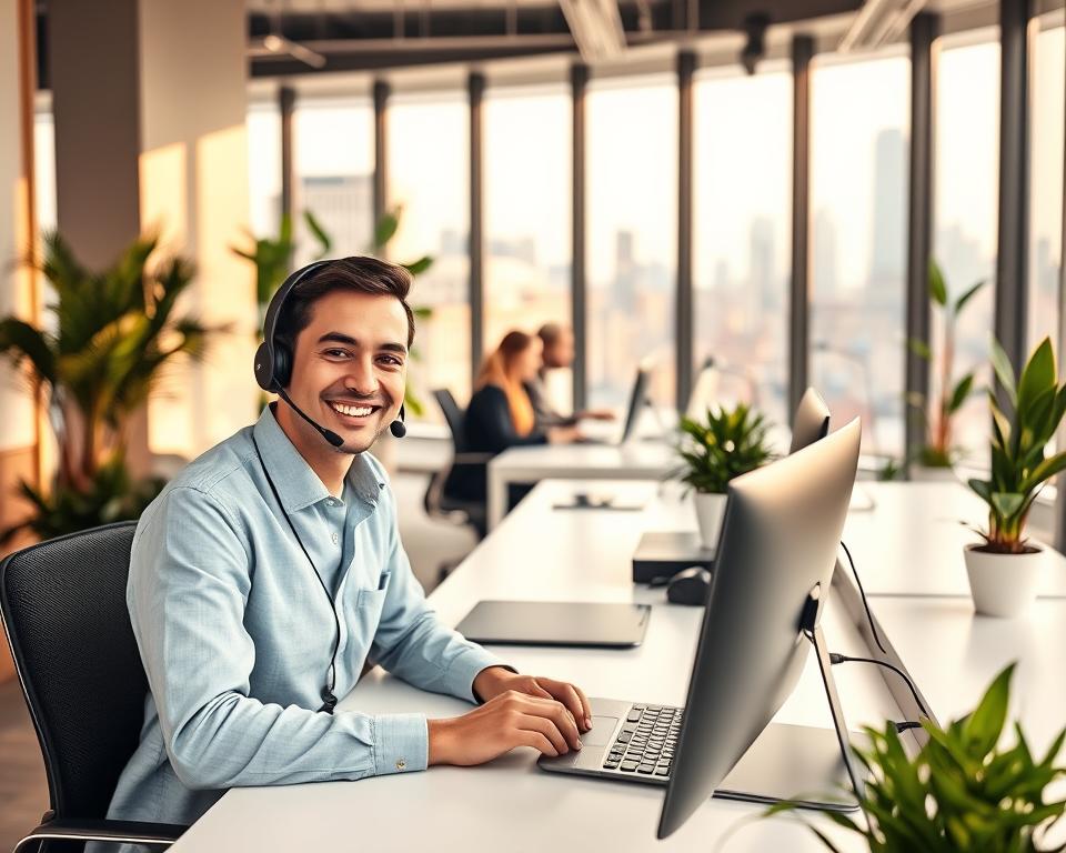 A modern customer support office with a warm, welcoming atmosphere. In the foreground, a professional customer service agent sitting at a sleek, minimalist desk, wearing a crisp button-down shirt and a friendly expression as they assist a client via headset. In the middle ground, other support agents work diligently, surrounded by minimalist decor and plants that create a calming, productive environment. The background features floor-to-ceiling windows overlooking a bustling cityscape, bathed in soft, natural lighting that fills the space. The overall mood is one of efficiency, empathy, and a commitment to providing excellent customer care. A modern customer support office with a warm, welcoming atmosphere. In the foreground, a professional customer service agent sitting at a sleek, minimalist desk, wearing a crisp button-down shirt and a friendly expression as they assist a client via headset. In the middle ground, other support agents work diligently, surrounded by minimalist decor and plants that create a calming, productive environment. The background features floor-to-ceiling windows overlooking a bustling cityscape, bathed in soft, natural lighting that fills the space. The overall mood is one of efficiency, empathy, and a commitment to providing excellent customer care.