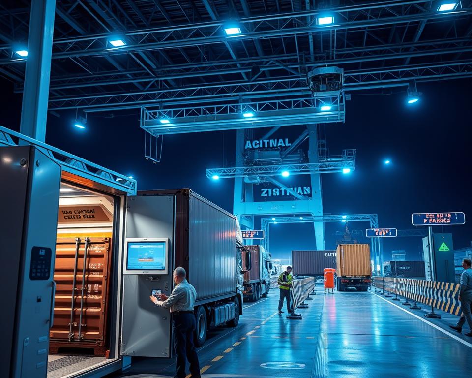 A modern customs control checkpoint with advanced scanning equipment and digital interfaces. In the foreground, a customs officer examines a truck's cargo using a high-resolution X-ray machine. In the middle ground, automated gates and barriers efficiently manage the flow of vehicles. In the background, a towering gantry crane scans containers for hidden contraband, its powerful sensors and AI-driven algorithms ensuring swift, secure clearance. The scene is bathed in a cool, futuristic lighting, conveying the efficiency and technological sophistication of the customs clearance process.