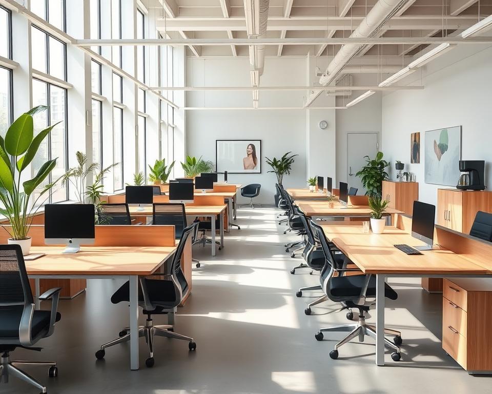 A modern, minimalist office space with abundant natural light streaming in through large windows. Sleek, wood-paneled desks and ergonomic chairs arranged in an open floor plan. Potted plants and framed artwork add pops of greenery and color, creating a warm, inviting atmosphere. A whiteboard on the far wall and a coffee station in the corner suggest productivity and collaboration. The overall vibe is one of professionalism, efficiency, and creativity - the ideal setting for a small business startup to thrive. A modern, minimalist office space with abundant natural light streaming in through large windows. Sleek, wood-paneled desks and ergonomic chairs arranged in an open floor plan. Potted plants and framed artwork add pops of greenery and color, creating a warm, inviting atmosphere. A whiteboard on the far wall and a coffee station in the corner suggest productivity and collaboration. The overall vibe is one of professionalism, efficiency, and creativity - the ideal setting for a small business startup to thrive.