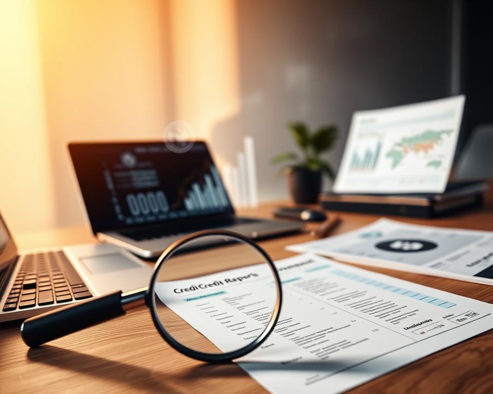 A modern office desk with a laptop, calculator, and various financial documents. Warm, directional lighting illuminates the scene, casting subtle shadows. In the foreground, a magnifying glass hovers over a credit report, highlighting key metrics and tips. The middle ground features abstract financial infographics and icons, conveying the importance of financial literacy. The background blurs into a minimalist, clean workspace, emphasizing the focus on the central subject. The overall mood is one of thoughtful analysis and a desire to understand and improve one's financial standing. A modern office desk with a laptop, calculator, and various financial documents. Warm, directional lighting illuminates the scene, casting subtle shadows. In the foreground, a magnifying glass hovers over a credit report, highlighting key metrics and tips. The middle ground features abstract financial infographics and icons, conveying the importance of financial literacy. The background blurs into a minimalist, clean workspace, emphasizing the focus on the central subject. The overall mood is one of thoughtful analysis and a desire to understand and improve one's financial standing.