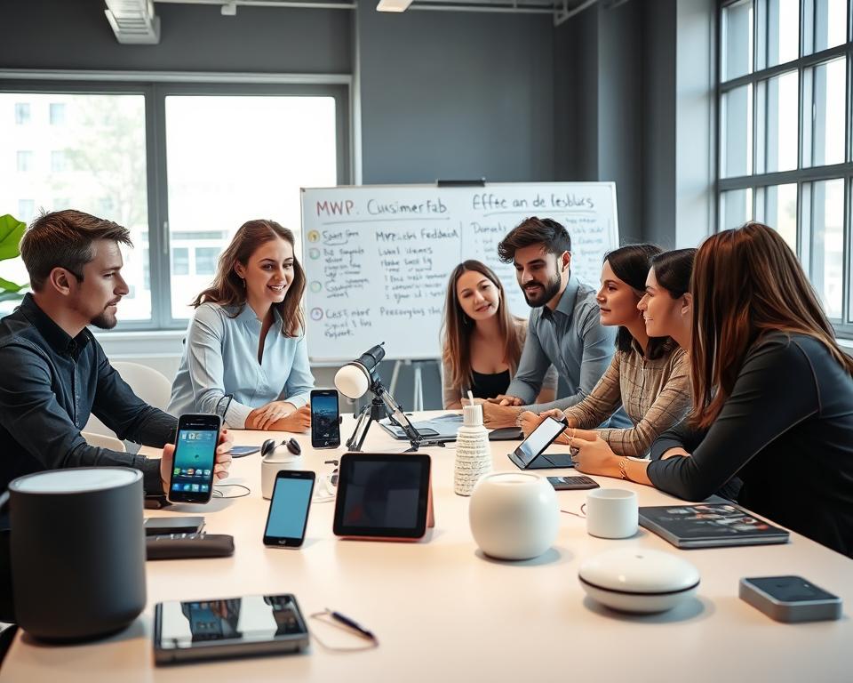 A modern office setting, well-lit with natural light streaming through large windows. On the desk, several physical product prototypes and digital displays showcase various MVP examples - from a sleek smartphone app to a simple but effective home appliance. The foreground features a team of young, diverse professionals discussing and iterating on these products, their expressions focused and engaged. In the background, a whiteboard displays customer feedback and market research data, guiding the development process. The overall atmosphere is one of innovation, collaboration, and a relentless pursuit of creating minimum viable solutions that delight customers.