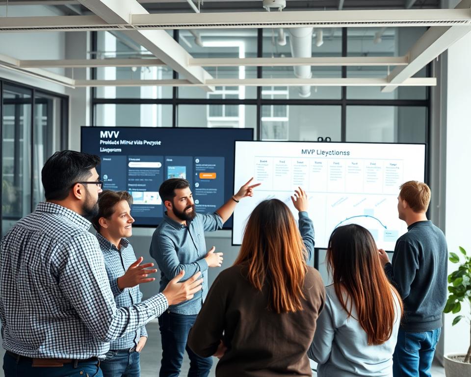 A modern office setting, with a clean, minimalist aesthetic. In the foreground, a team of developers gathered around a large whiteboard, engaged in a lively discussion. The whiteboard displays a visual representation of an MVP (Minimum Viable Product) lifecycle, with key milestones and iterations clearly marked. The developers are gesturing animatedly, pointing to different sections of the board, their expressions reflecting the collaborative nature of the Agile development process. In the middle ground, a large screen displays a product roadmap, underscoring the iterative and incremental nature of the MVP approach. The background features floor-to-ceiling windows, allowing natural light to flood the space and creating a sense of openness and transparency. The overall tone is one of focused innovation and a shared commitment to delivering a successful product.