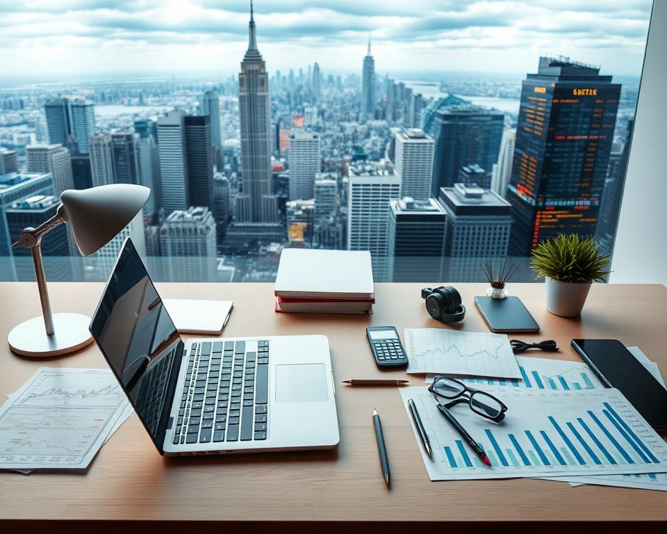 A neatly arranged workspace with a laptop, financial charts, and analytical tools. Soft, diffused lighting illuminates the scene, creating a focused and professional atmosphere. In the background, a panoramic view of a bustling cityscape with skyscrapers and stock market tickers, symbolizing the dynamic and ever-changing nature of the financial world. The composition conveys a sense of diligent research and strategic decision-making, perfectly suited for the "Researching Stocks Before Buying" section of the "How to Buy Stocks: A Beginner's Guide" article.
