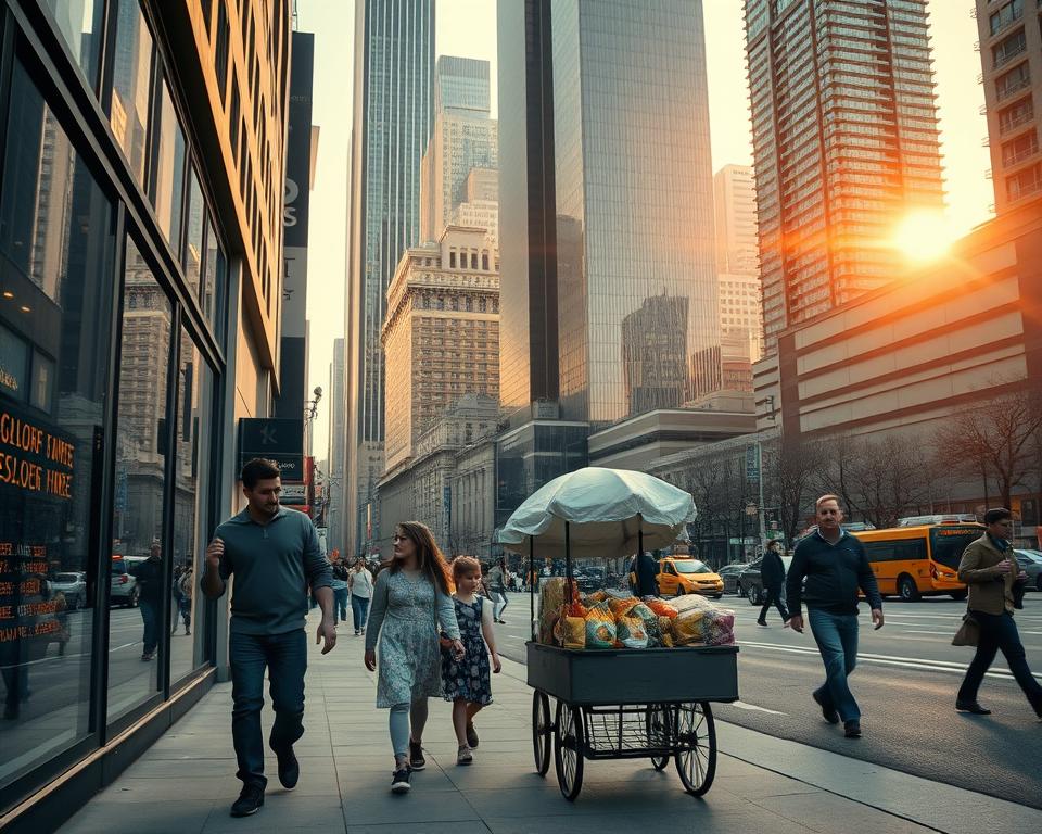 A panoramic view of a bustling city street, with towering skyscrapers in the background. In the foreground, a family walks down the sidewalk, their expressions tense as they glance at the prices displayed in a store window. The middle ground is occupied by a vendor's cart, its wares now significantly more expensive due to the impact of trade tariffs. Warm, diffused sunlight filters through the scene, casting a somber tone over the otherwise vibrant urban landscape. The overall atmosphere conveys the tangible effects of protectionist policies on consumer purchasing power.