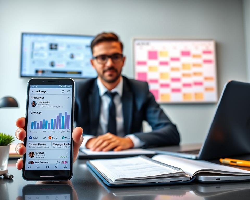 A professional business person sitting at a desk, surrounded by digital devices and social media platforms. In the foreground, a smartphone displays influencer marketing analytics, with charts and graphs showcasing campaign performance. The middle ground features a laptop open to an influencer outreach strategy, with notes and collaboration tools. In the background, a wall-mounted display shows a calendar of upcoming influencer collaborations and events. The lighting is bright and airy, conveying a sense of productivity and strategic planning. The overall atmosphere is one of focused, data-driven influencer marketing efforts aimed at driving business growth. A professional business person sitting at a desk, surrounded by digital devices and social media platforms. In the foreground, a smartphone displays influencer marketing analytics, with charts and graphs showcasing campaign performance. The middle ground features a laptop open to an influencer outreach strategy, with notes and collaboration tools. In the background, a wall-mounted display shows a calendar of upcoming influencer collaborations and events. The lighting is bright and airy, conveying a sense of productivity and strategic planning. The overall atmosphere is one of focused, data-driven influencer marketing efforts aimed at driving business growth.