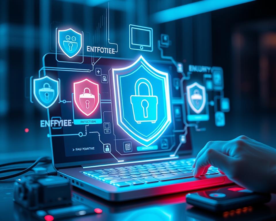 A secure digital banking experience with cutting-edge protection. Sleek and futuristic device interfaces showcase state-of-the-art encryption, multi-factor authentication, and advanced fraud detection. Glowing digital shields and holographic security elements emanate from the screen, creating an impenetrable fortress around sensitive financial data. The scene is bathed in a cool, neon-tinged lighting scheme, conveying a sense of technological sophistication and unwavering safeguards. Depth of field emphasizes the central device while peripherals recede into a minimalist, high-tech background, underscoring the primacy of secure banking. A secure digital banking experience with cutting-edge protection. Sleek and futuristic device interfaces showcase state-of-the-art encryption, multi-factor authentication, and advanced fraud detection. Glowing digital shields and holographic security elements emanate from the screen, creating an impenetrable fortress around sensitive financial data. The scene is bathed in a cool, neon-tinged lighting scheme, conveying a sense of technological sophistication and unwavering safeguards. Depth of field emphasizes the central device while peripherals recede into a minimalist, high-tech background, underscoring the primacy of secure banking.