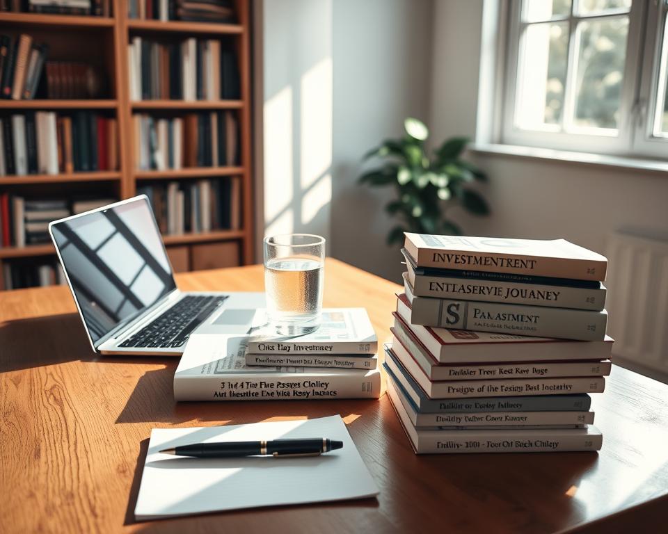 A serene, well-lit home office setting with a wooden desk, a laptop, and a stack of investment books. On the desk, a glass of water and a pen resting on a notepad. Sunlight streams in through a nearby window, casting a warm glow over the scene. In the background, a bookshelf filled with additional financial literature. The overall atmosphere is one of focus, education, and the beginning of an investment journey.