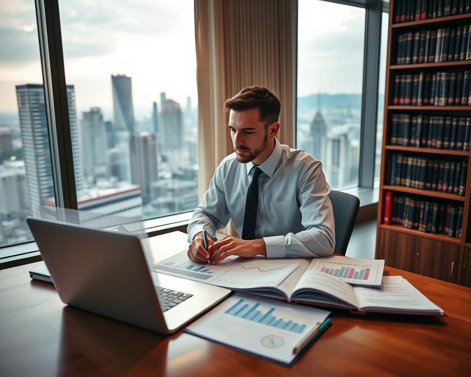 A serene, well-lit office setting with a large window overlooking a bustling city skyline. On the desk, a laptop displays a financial dashboard, surrounded by neatly organized charts, graphs, and reports. A financial analyst in a crisp button-down shirt and tie reviews the data intently, pen in hand. The bookshelf behind them holds volumes on risk management, investment strategies, and international finance. Soft, warm lighting casts a subtle glow, creating a contemplative atmosphere as the analyst assesses FX risk mitigation tactics.