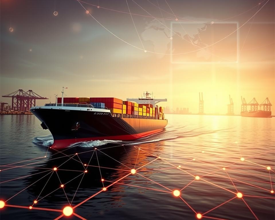 A sleek and modern cargo ship glides across the digital ocean, its hull gleaming under the warm, diffused lighting of the scene. In the foreground, a network of interconnected nodes and lines visualizes the complex web of freight forwarding optimization, with data streams flowing seamlessly between different modes of transportation. In the background, a skyline of towering warehouses and logistical hubs provides a sense of scale and the vast infrastructure supporting global trade. The overall atmosphere conveys a harmonious balance between technological efficiency and the physical movement of goods, creating a captivating visual representation of the "Technology in Logistics" concept.